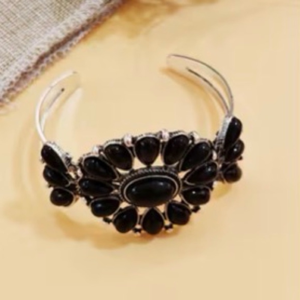 Western Bracelet Black Silver Floral Bracelet Bohemian Southwestern